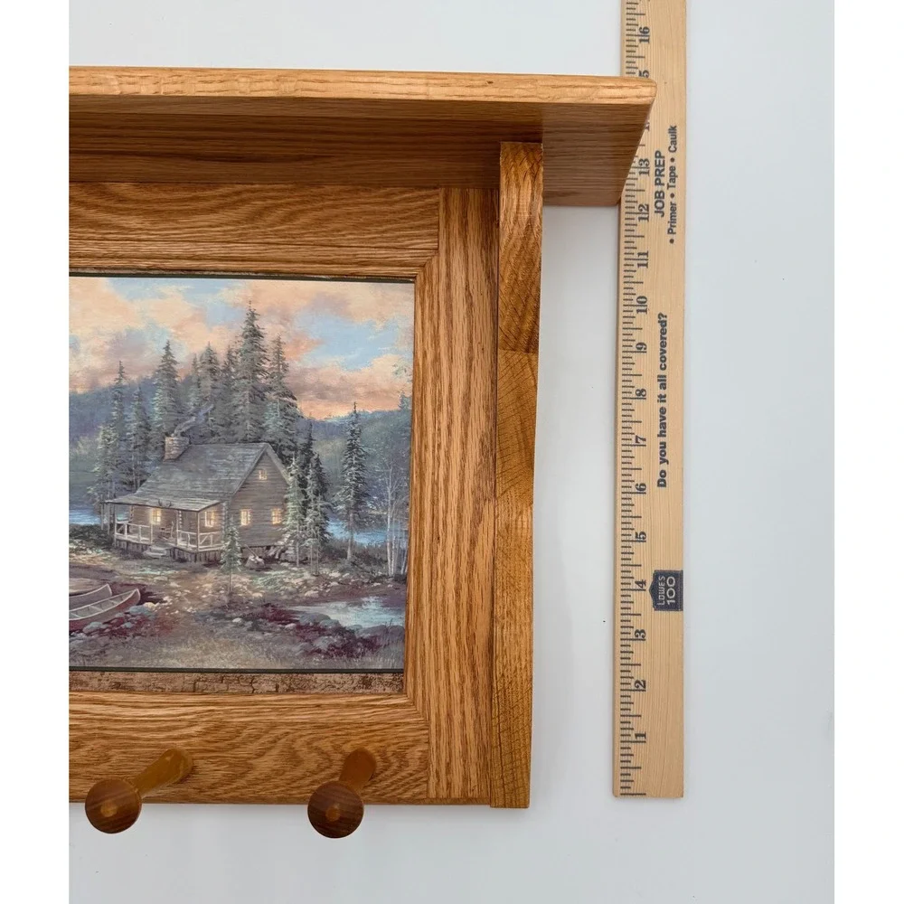 Rustic Oak Wood Wall Shelf Cabin Tile Inlay 3-Peg Key Rack Lodge Decor 13in